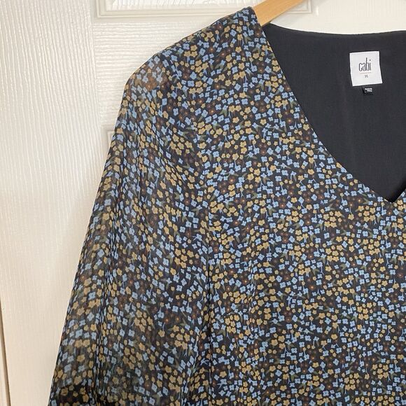 Cabi Poise Mini Shift Dress Size Medium Floral Sheer Overlay Long Bell Sleeve - Picture 4 of 10